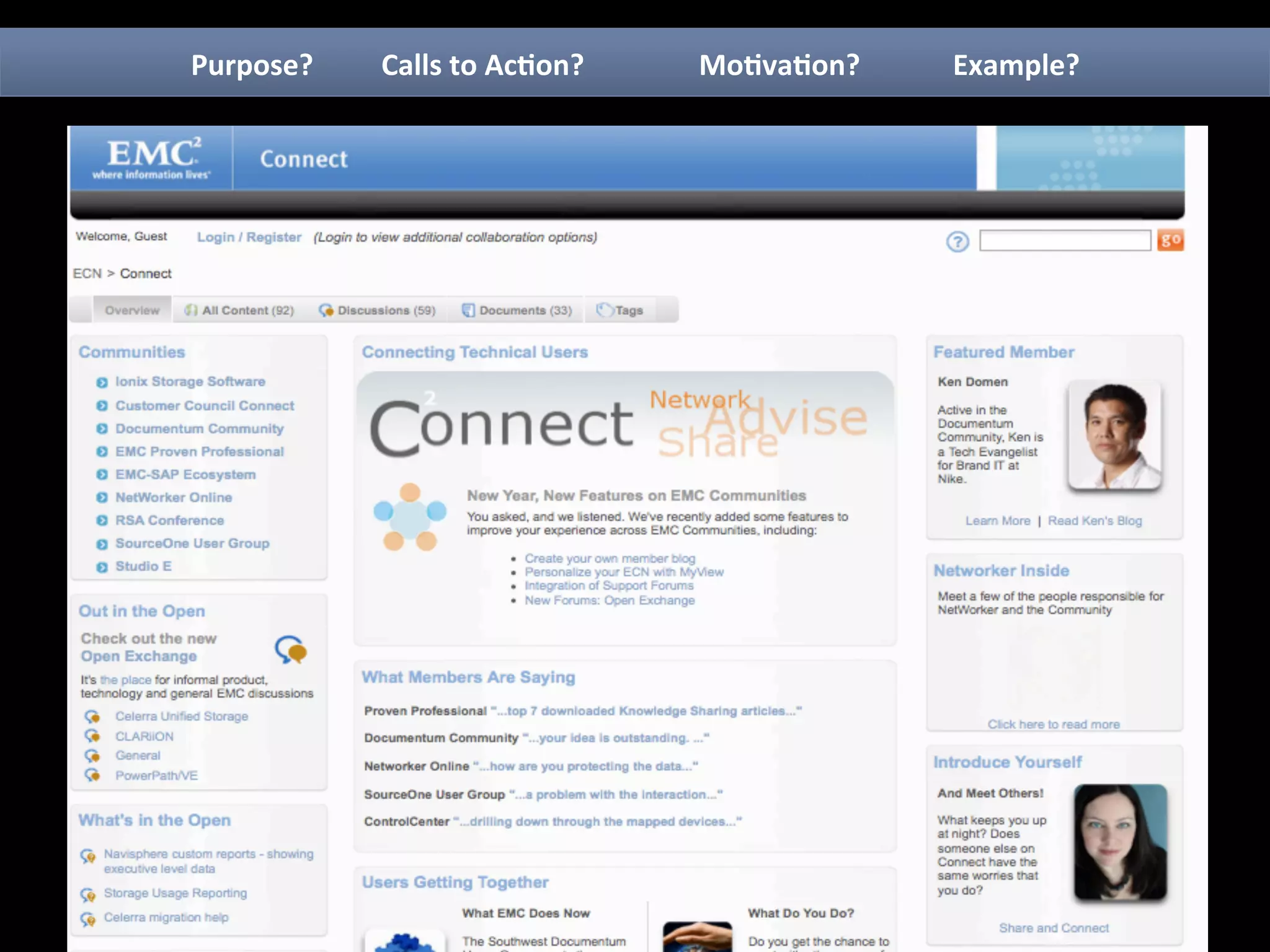 Purpose?	
     	
  Calls	
  to	
  Ac7on?   	
     	
  Mo7va7on? 	
     	
  Example?	
  
 