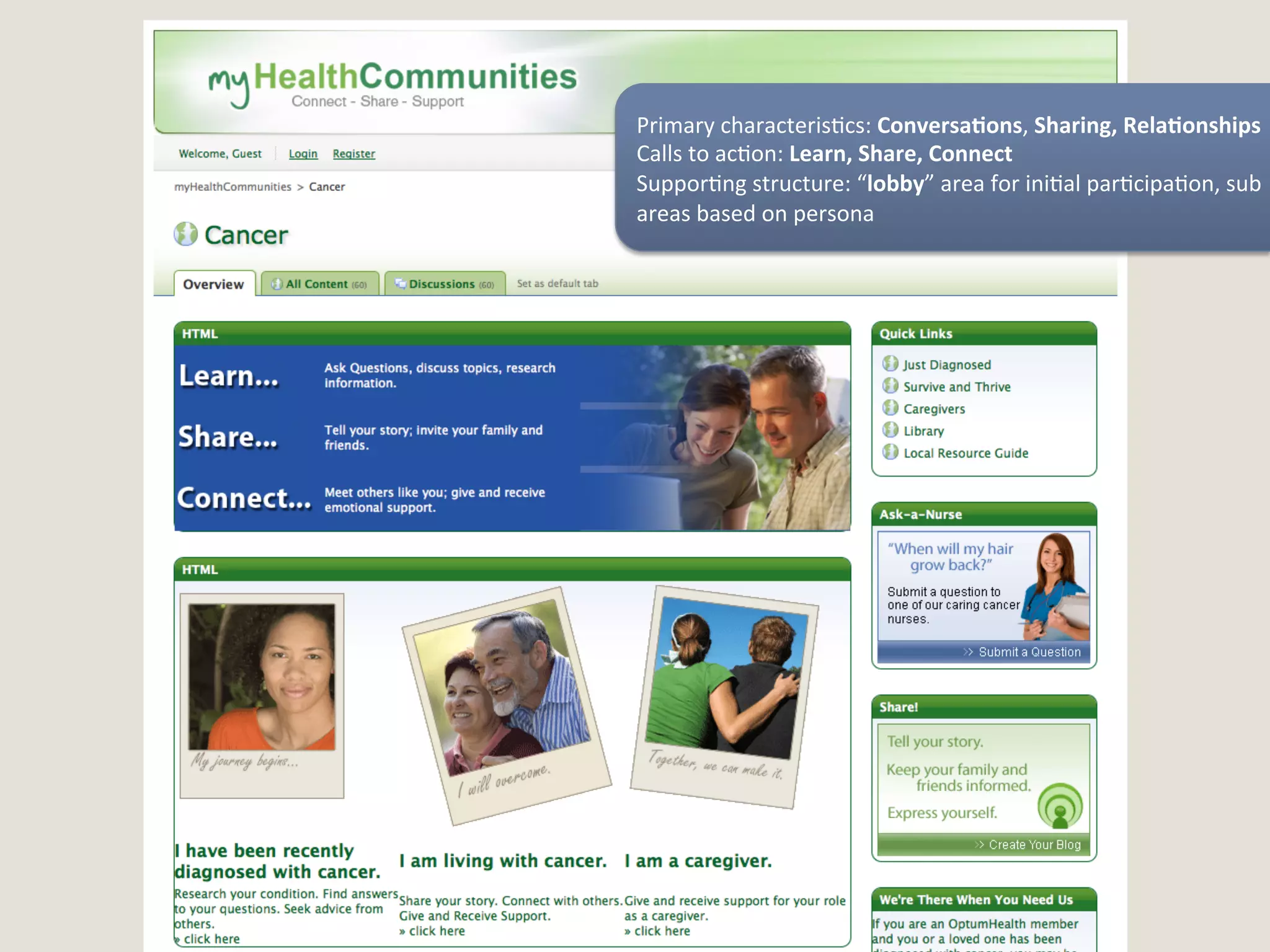 Primary	
  characteris'cs:	
  Conversa7ons,	
  Sharing,	
  Rela7onships	
  
Calls	
  to	
  ac'on:	
  Learn,	
  Share,	
  Connect	
  
Suppor'ng	
  structure:	
  “lobby”	
  area	
  for	
  ini'al	
  par'cipa'on,	
  sub	
  
areas	
  based	
  on	
  persona	
  




                                                                                 18
 