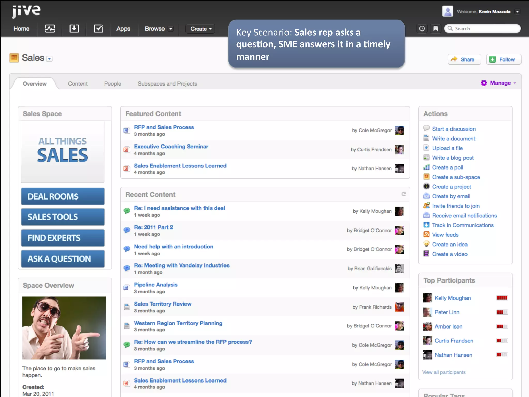 Key	
  Scenario:	
  Sales	
  rep	
  asks	
  a	
  
ques7on,	
  SME	
  answers	
  it	
  in	
  a	
  7mely	
  
manner	
  
 