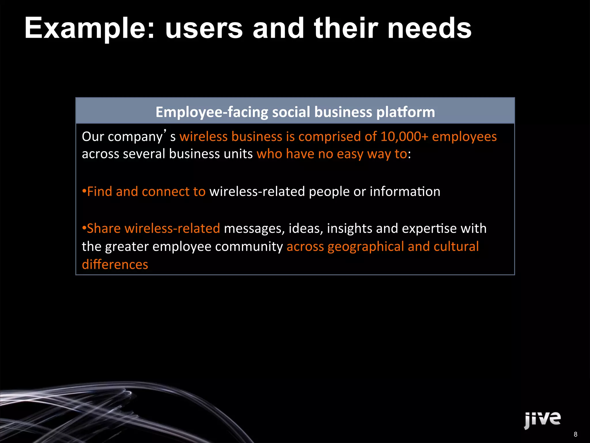 Example: users and their needs

                    Employee-­‐facing	
  social	
  business	
  pla3orm	
  
   Our	
  company s	
  wireless	
  business	
  is	
  comprised	
  of	
  10,000+	
  employees	
  
   across	
  several	
  business	
  units	
  who	
  have	
  no	
  easy	
  way	
  to:	
  

   • Find	
  and	
  connect	
  to	
  wireless-­‐related	
  people	
  or	
  informa'on	
  

   • Share	
  wireless-­‐related	
  messages,	
  ideas,	
  insights	
  and	
  exper'se	
  with	
  
   the	
  greater	
  employee	
  community	
  across	
  geographical	
  and	
  cultural	
  
   diﬀerences	
  	
  




                                                                                                     8
 