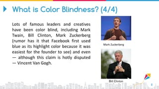 8
Mark Zuckerberg
Bill Clinton
What is Color Blindness? (4/4)
Lots of famous leaders and creatives
have been color blind, including Mark
Twain, Bill Clinton, Mark Zuckerberg
(rumor has it that Facebook first used
blue as its highlight color because it was
easiest for the founder to see) and even
— although this claim is hotly disputed
— Vincent Van Gogh.
 