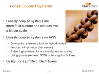Loose Coupled Systems

• Loosely coupled systems are
more fault tolerant and can achieve
a bigger scale

• Loosely coupled systems on AWS
• De-coupling systems allows for hybrid models
(in-cloud + in-physical data center)
• Balancing between clusters enables easier scaling
• Using queues (Amazon SQS) buffers against failures

• Design for a jumble of black boxes
Blazeclan

32

Cloud IT Better

 