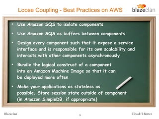 Loose Coupling - Best Practices on AWS
• Use Amazon SQS to isolate components
• Use Amazon SQS as buffers between components

• Design every component such that it expose a service
interface and is responsible for its own scalability and
interacts with other components asynchronously

• Bundle the logical construct of a component
into an Amazon Machine Image so that it can
be deployed more often

• Make your applications as stateless as
possible. Store session state outside of component
(in Amazon SimpleDB, if appropriate)
Blazeclan

34

Cloud IT Better

 