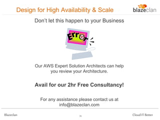 Design for High Availability & Scale
Don’t let this happen to your Business

Our AWS Expert Solution Architects can help
you review your Architecture.

Avail for our 2hr Free Consultancy!
For any assistance please contact us at
info@blazeclan.com
Blazeclan

39

Cloud IT Better

 