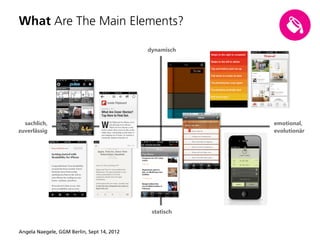 What Are The Main Elements?

                                            dynamisch




  sachlich,                                             emotional,
zuverlässig                                             evolutionär




                                             statisch


Angela Naegele, GGM Berlin, Sept 14, 2012
 