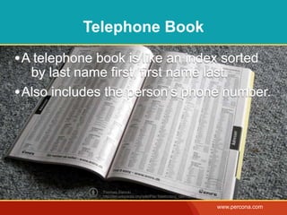 This is a Telephone Book

       • A telephone book is like an index sorted
          by last name first, first name last....