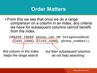 Order Matters
       • From this we see that once we do a range
                comparison on a column in an index, any cr...