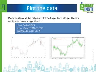 Plot the data
We take a look at the data and plot Bollinger bands to get the first
verification on our hypothesis.
chart_Series(NSEI)
zoom_Chart("2014-11-19")
addBBands(n=20, sd =2)
 