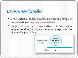 Cross-sectional Studies
• Cross-sectional studies measure units from a sample of
the population at only one point in time.
• Sample surveys are cross-sectional studies whose
samples are drawn in such a way as to be representative
of a specific population.
 