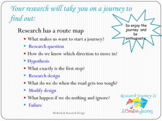Your research will take you on a journey to
find out:
Methods & Research Design
Research has a route map
 What makes us want to start a journey?
 Research question
 How do we know which direction to move in?
 Hypothesis
 What exactly is the first step?
 Research design
 What do we do when the road gets too tough?
 Modify design
 What happen if we do nothing and ignore?
 Failure
So enjoy the
journey and
be
enthusiastic
 