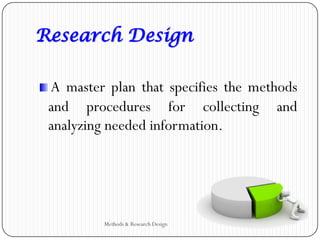 Research Design
A master plan that specifies the methods
and procedures for collecting and
analyzing needed information.
Methods & Research Design
 