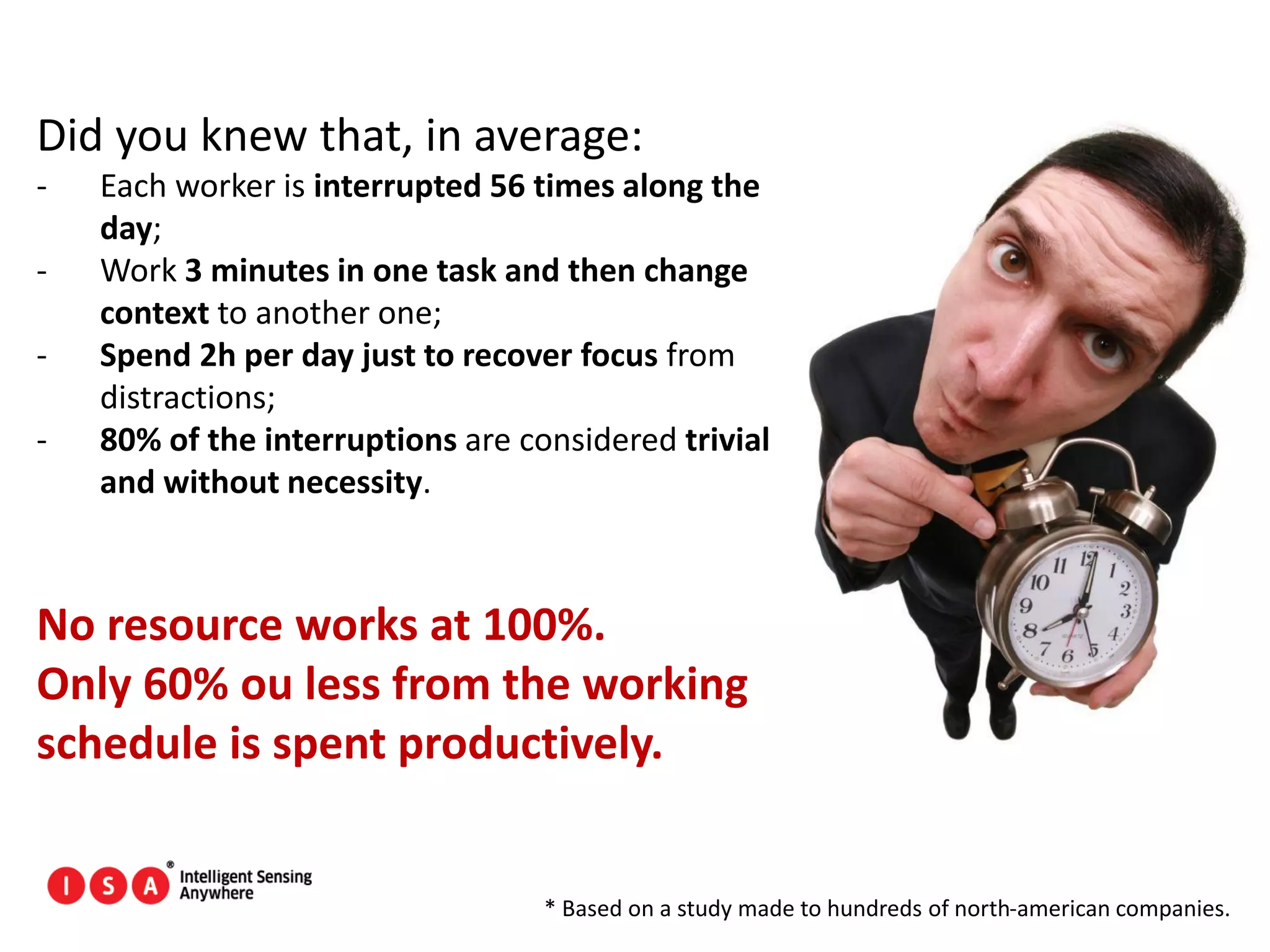 127
Did you knew that, in average:
- Each worker is interrupted 56 times along the
day;
- Work 3 minutes in one task and then change
context to another one;
- Spend 2h per day just to recover focus from
distractions;
- 80% of the interruptions are considered trivial
and without necessity.
No resource works at 100%.
Only 60% ou less from the working
schedule is spent productively.
* Based on a study made to hundreds of north-american companies.
 