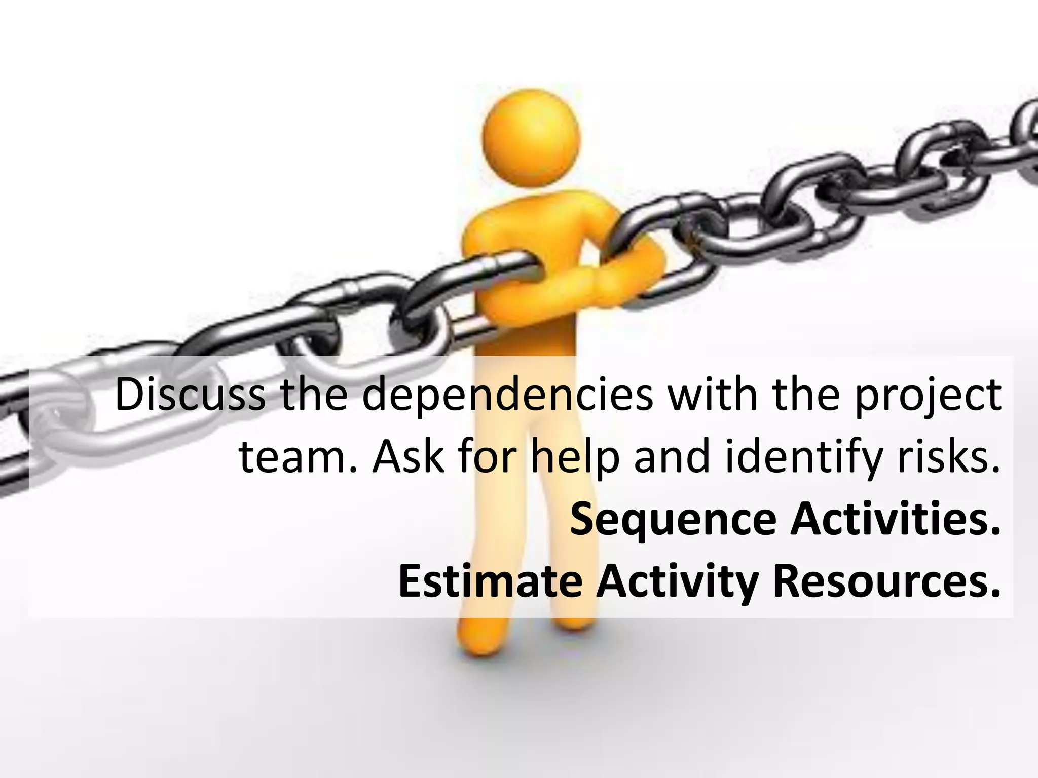 132
Discuss the dependencies with the project
team. Ask for help and identify risks.
Sequence Activities.
Estimate Activity Resources.
 