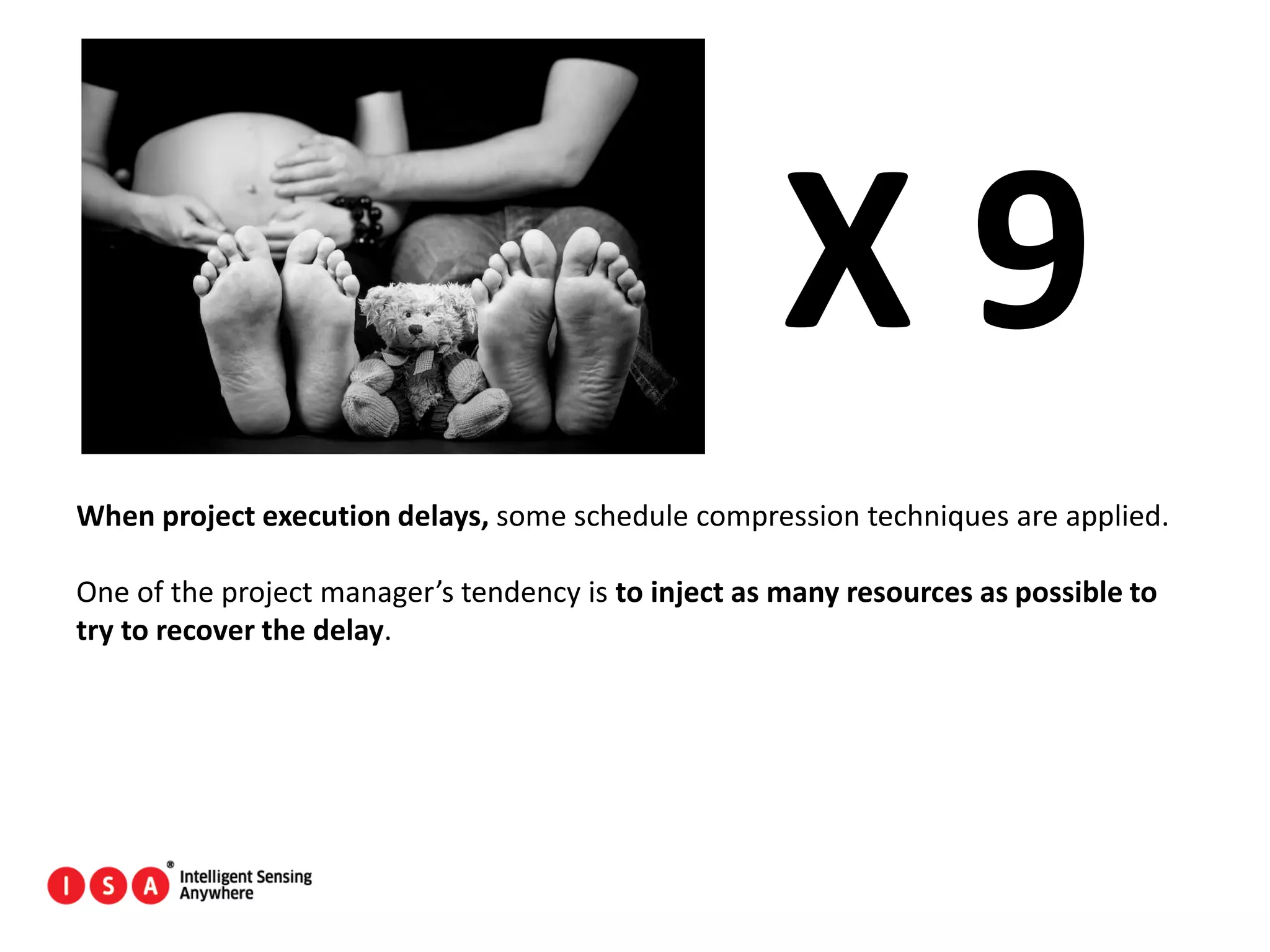 149
X 9
When project execution delays, some schedule compression techniques are applied.
One of the project manager’s tendency is to inject as many resources as possible to
try to recover the delay.
 