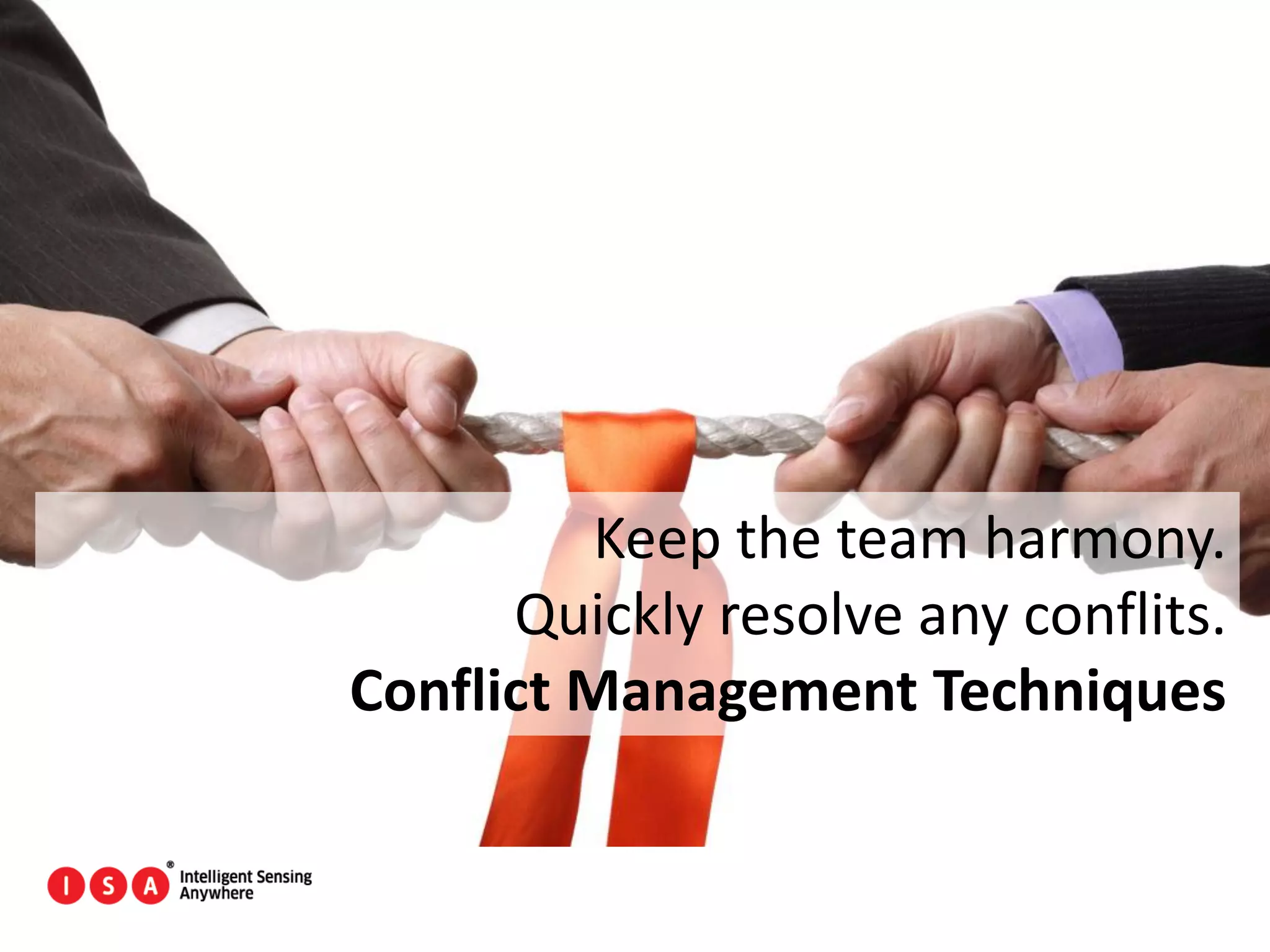 174
Keep the team harmony.
Quickly resolve any conflits.
Conflict Management Techniques
 