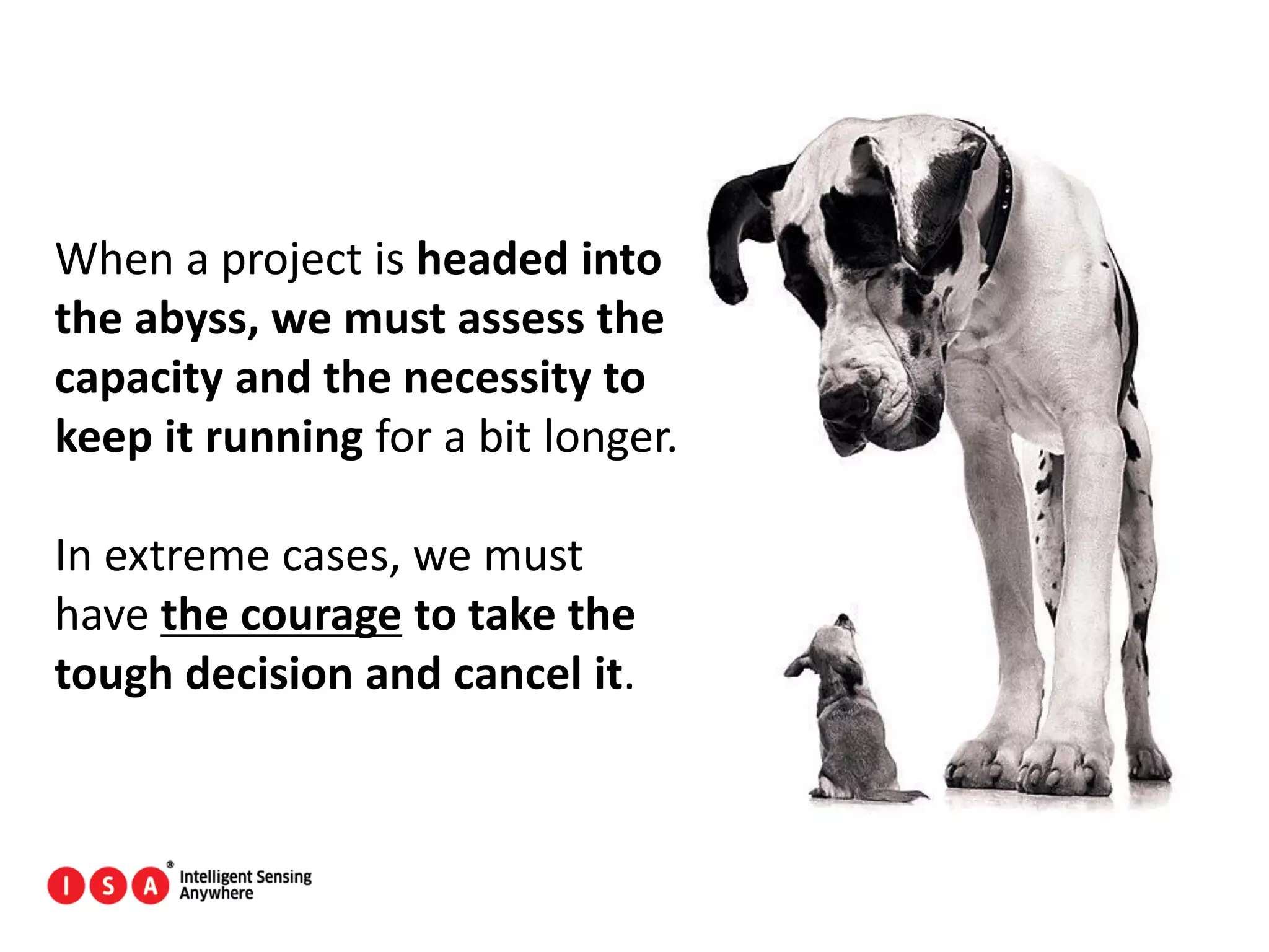 176
When a project is headed into
the abyss, we must assess the
capacity and the necessity to
keep it running for a bit longer.
In extreme cases, we must
have the courage to take the
tough decision and cancel it.
 