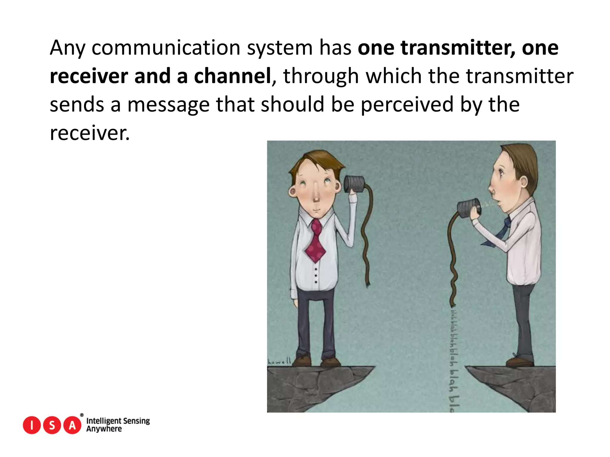 38
Any communication system has one transmitter, one
receiver and a channel, through which the transmitter
sends a message that should be perceived by the
receiver.
 