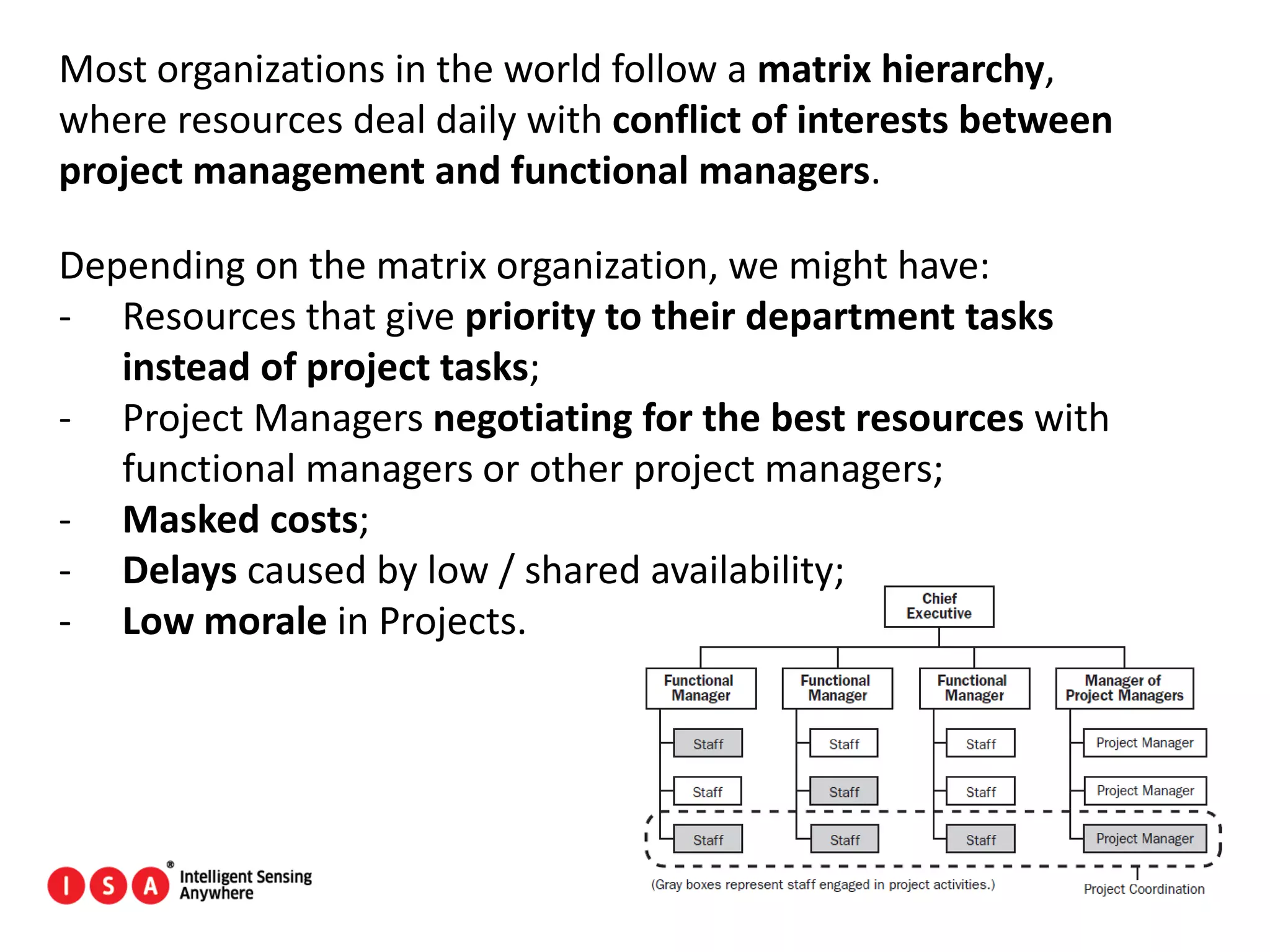 50
Most organizations in the world follow a matrix hierarchy,
where resources deal daily with conflict of interests between
project management and functional managers.
Depending on the matrix organization, we might have:
- Resources that give priority to their department tasks
instead of project tasks;
- Project Managers negotiating for the best resources with
functional managers or other project managers;
- Masked costs;
- Delays caused by low / shared availability;
- Low morale in Projects.
 