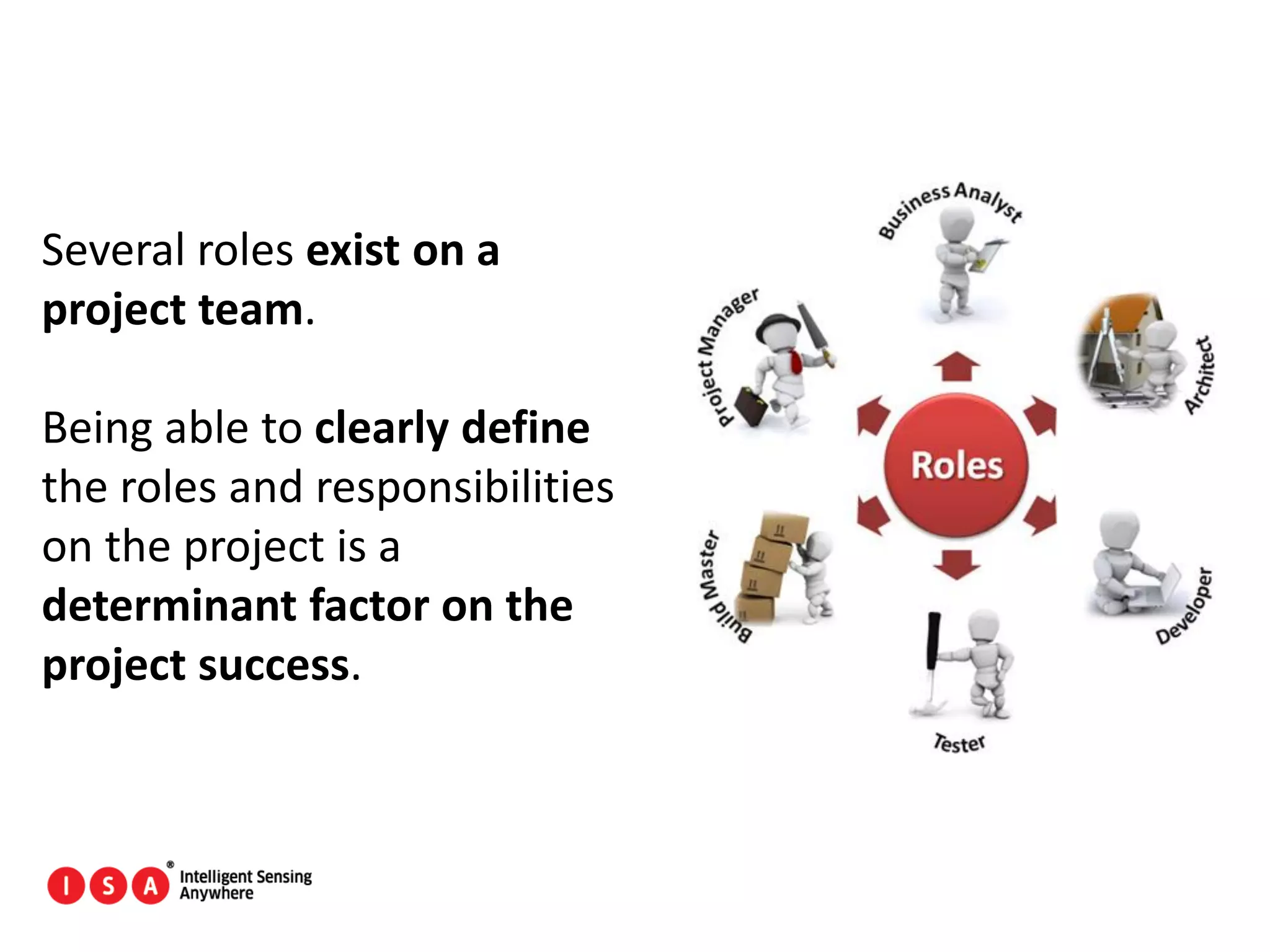 73
Several roles exist on a
project team.
Being able to clearly define
the roles and responsibilities
on the project is a
determinant factor on the
project success.
 