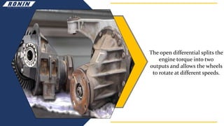 The open differential splits the
engine torque into two
outputs and allows the wheels
to rotate at different speeds.
 