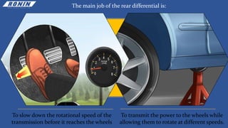 The main job of the rear differential is:
To slow down the rotational speed of the
transmission before it reaches the wheels
To transmit the power to the wheels while
allowing them to rotate at different speeds.
 