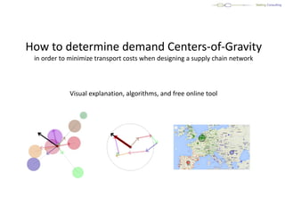 How to determine demand Centers-of-Gravity
in order to minimize transport costs when designing a supply chain network
Visual explanation, algorithms, and free online tool
 