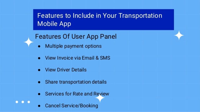 Features to Include in Your Transportation
Mobile App
Features Of User App Panel
● Multiple payment options
● View Invoice via Email & SMS
● View Driver Details
● Share transportation details
● Services for Rate and Review
● Cancel Service/Booking
 