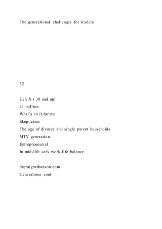 The generational challenges for leaders
32
Gen X ( 38 and up)
41 million
What’s in it for me
Skepticism
The age of divorce and single parent households
MTV generation
Entrepreneurial
In mid-life seek work-life balance
drcraignathanson.com
Generations cont.
 