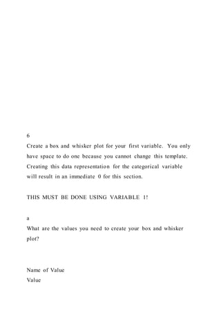 6
Create a box and whisker plot for your first variable. You only
have space to do one because you cannot change this template.
Creating this data representation for the categorical variable
will result in an immediate 0 for this section.
THIS MUST BE DONE USING VARIABLE 1!
a
What are the values you need to create your box and whisker
plot?
Name of Value
Value
 