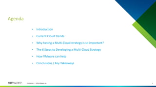 Agenda
2Confidential │ ©2018 VMware, Inc.
• Introduction
• Current Cloud Trends
• Why having a Multi-Cloud strategy is so important?
• The 6 Steps to Developing a Multi-Cloud Strategy
• How VMware can help
• Conclusions / Key Takeaways
 
