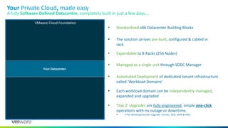 VMware Cloud Foundation
Your Private Cloud, made easy
▪ The solution arrives pre-built, configured & cabled in
rack
▪ Standardized x86 Datacenter Building Blocks
▪ Expandable to 8 Racks (256 Nodes)
▪ Managed as a single unit through SDDC Manager
▪ Each workload domain can be independently managed,
expanded and upgraded
▪ Automated Deployment of dedicated tenant infrastructure
called ‘Workload Domains’
▪ ‘Day 2’ Upgrades are fully engineered, simple one-click
operations with no outage or downtime.
▪ (*Per Workload Domain Upgrade: vCenter, ESXi, vSAN & NSX)
A fully Software Defined Datacentre, completely built in just a few days….
Hyperconverged x86 Node
Hyperconverged x86 Node
Hyperconverged x86 Node
Hyperconverged x86 Node
Hyperconverged x86 Node
Hyperconverged x86 Node
Hyperconverged x86 Node
Hyperconverged x86 Node
Hyperconverged x86 Node
Hyperconverged x86 Node
Hyperconverged x86 Node
Hyperconverged x86 Node
Hyperconverged x86 Node
Hyperconverged x86 Node
Management
Domain
Developer
Workload
Domain v4
Database Workload Domain v2Database Workload Domain v3
Production
Workload
Domain v1
Tenant 1
Tenant 1
Tenant 2
Tenant 2
VMware Cloud Foundation
Your Datacenter
 