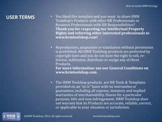 How-to-Guide HRM Strategy

USER TERMS

• You liked this template and you want to share HRM
Toolshop’s Products with other HR Professionals or
Business Professionals with HR Responsibilities?
Thank you for respecting our Intellectual Property
Rights and referring other interested professionals to
www.hrmtoolshop.com!
• Reproduction, adaptation or translation without permission
is prohibited. All HRM Toolshop products are protected by
copyright laws and you do not have the right to sell, relicense, sublicense, distribute or assign any of these
Products.
For more information: see our General Conditions on
www.hrmtoolshop.com.
• The HRM Toolshop products are HR Tools & Templates
provided on an “as is” basis with no warranties or
guarantees, including all express, statutory and implied
warranties of merchantability, fitness for a particular
purpose, title and non-infringement. HRM Toolshop does
not warrant that its Products are accurate, reliable, correct,
or applicable to your situation or jurisdiction.

©HRM Toolshop, 2013, all rights reserved

www.hrmtoolshop.com

 