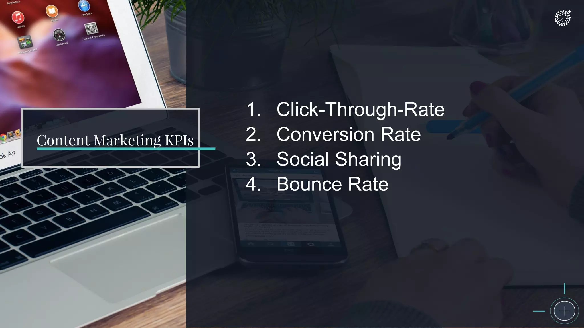 Content Marketing KPIs
1. Click-Through-Rate
2. Conversion Rate
3. Social Sharing
4. Bounce Rate
 