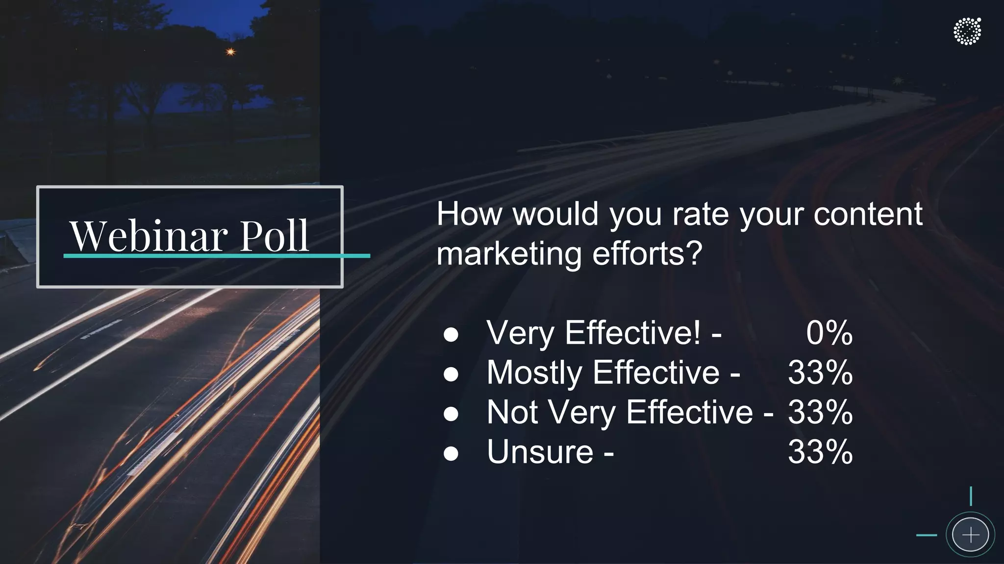 How would you rate your content
marketing efforts?
● Very Effective! - 0%
● Mostly Effective - 33%
● Not Very Effective - 33%
● Unsure - 33%
Webinar Poll
 