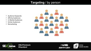 #SEJThinktank
@liquidjoel
Targeting / by person
• Audience Keywords
• Affinity Audiences
• In Market Audiences
• Similar Audiences
• Remarketing
 