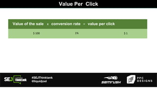 #SEJThinktank
@liquidjoel
Value of the sale x conversion rate = value per click
$ 100 1% $ 1
Value Per Click
 