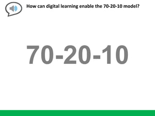 70-20-10
How can digital learning enable the 70-20-10 model?
 
