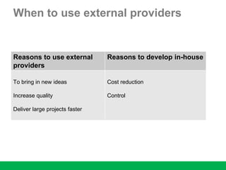 Reasons to use external
providers
Reasons to develop in-house
To bring in new ideas
Increase quality
Deliver large projects faster
Cost reduction
Control
When to use external providers
 
