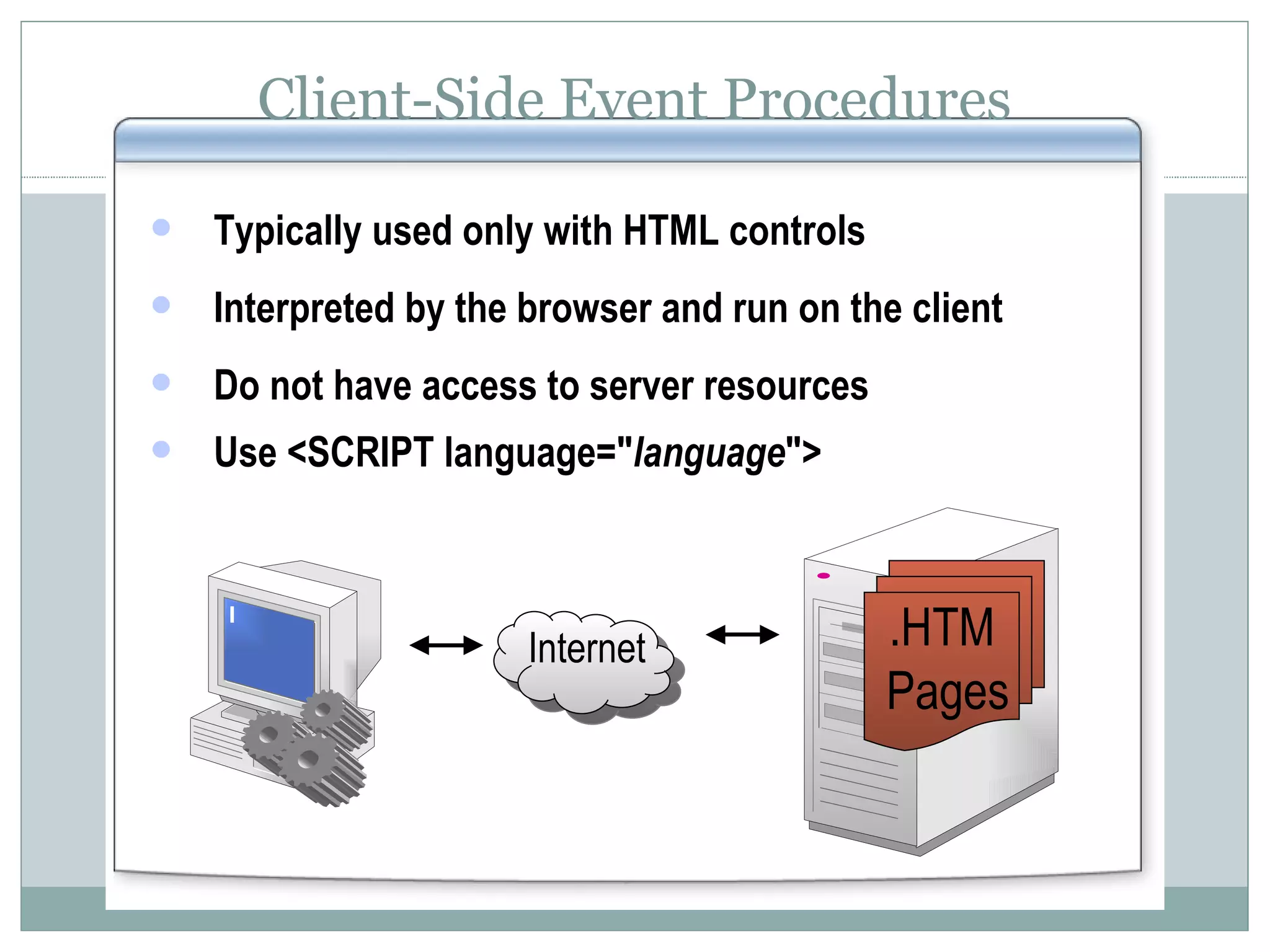 Client-Side Event Procedures Internet .HTM Pages Typically used only with HTML controls Interpreted by the browser and run on the client Do not have access to server resources Use <SCRIPT language=&quot; language &quot;> 