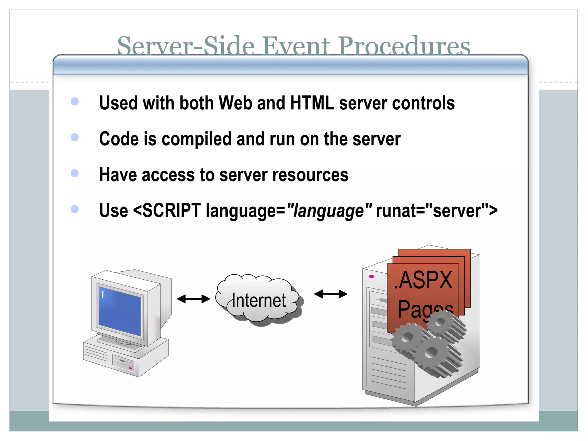 Server-Side Event Procedures Used with both Web and HTML server controls Code is compiled and run on the server Have access to server resources Use <SCRIPT language =&quot;language&quot; runat=&quot;server&quot;> Internet .ASPX Pages 