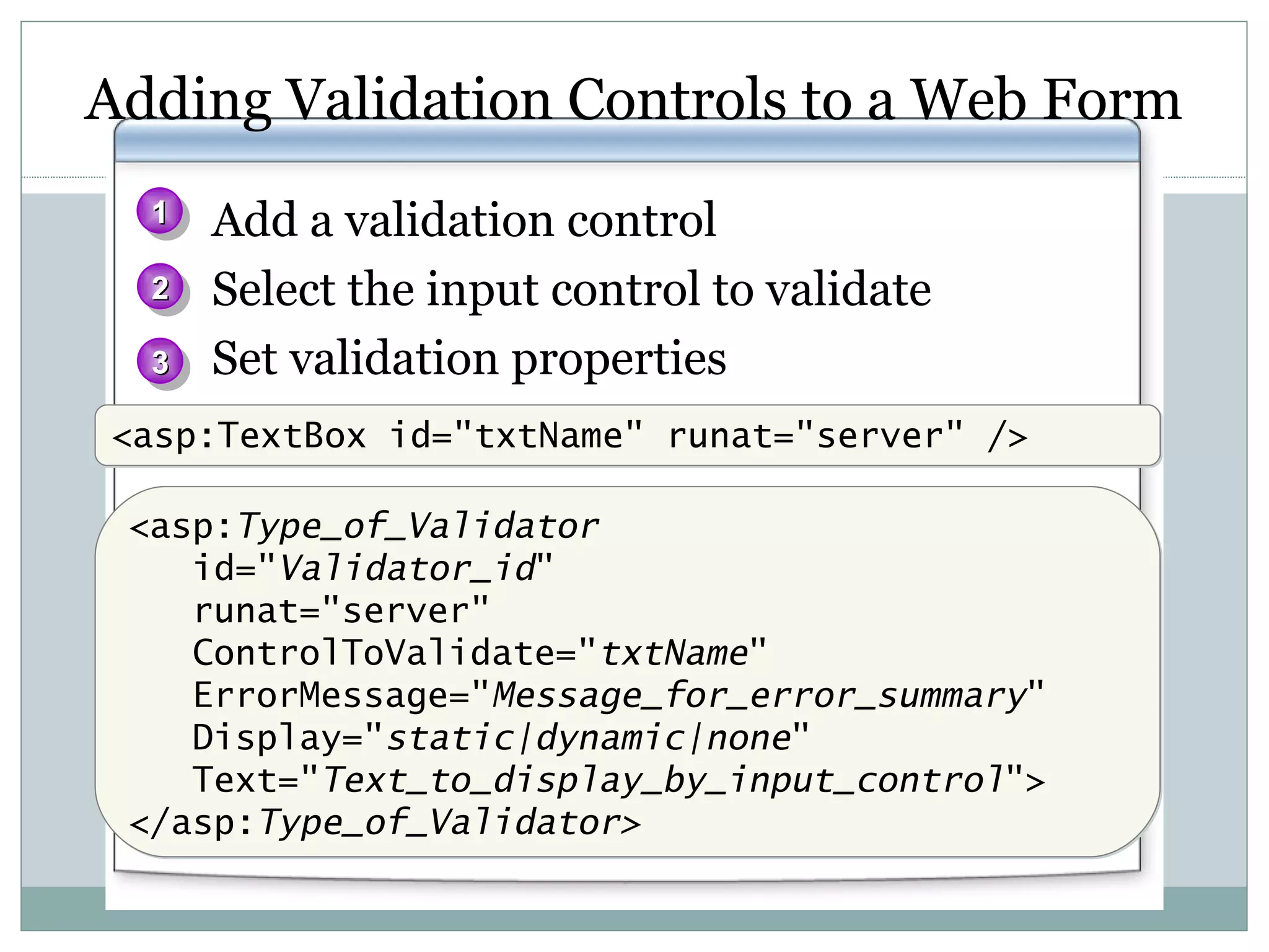 Adding Validation Controls to a Web Form Add a validation control Select the input control to validate Set validation properties 1 2 3 <asp:TextBox id=&quot;txtName&quot; runat=&quot;server&quot; /> <asp: Type_of_Validator id=&quot; Validator_id &quot; runat=&quot;server&quot; ControlToValidate=&quot; txtName &quot; ErrorMessage=&quot; Message_for_error_summary &quot; Display=&quot; static|dynamic|none &quot; Text=&quot; Text_to_display_by_input_control &quot;> </asp: Type_of_Validator> 