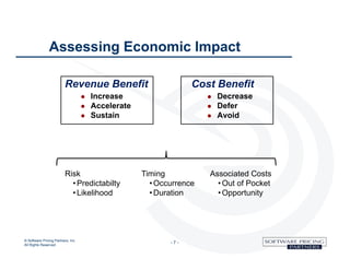 Assessing Economic Impact

                         Revenue Benefit                         Cost Benefit
                                      Increase                         Decrease
                                      Accelerate                       Defer
                                      Sustain                          Avoid




                         Risk                       Timing           Associated Costs
                           • Predictabilty            • Occurrence     • Out of Pocket
                           • Likelihood               • Duration       • Opportunity




© Software Pricing Partners, Inc
All Rights Reserved
                                                           -7-
 