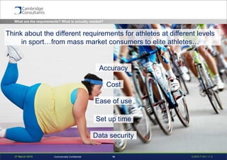 27 March 2015 S3908-P-651 v1.016Commercially Confidential
What are the requirements? What is actually needed?
Accuracy
Cost
Ease of use
Set up time
Data security
Think about the different requirements for athletes at different levels
in sport…from mass market consumers to elite athletes…
 