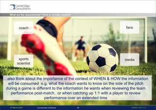 27 March 2015 S3908-P-651 v1.018Commercially Confidential
What are the requirements? What is actually needed?
coach
sports
scientist
media
fans
…also think about the importance of the context of WHEN & HOW the information
will be consumed e.g. what the coach wants to know on the side of the pitch
during a game is different to the information he wants when reviewing the team
performance post-match, or when catching up 1:1 with a player to review
performance over an extended time
 