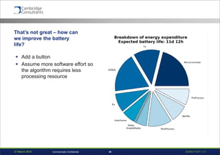27 March 2015 S3908-P-651 v1.039Commercially Confidential
That’s not great – how can
we improve the battery
life?
 Add a button
 Assume more software effort so
the algorithm requires less
processing resource
 