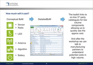 27 March 2015 S3908-P-651 v1.040Commercially Confidential
How much will it cost?
Conceptual BoM DetailedBoM
 Sensor
 Radio
 LED
 Antenna
 Algorithm
 Battery
The toolkit links to
on-line 3rd party
catalogues for low
volume
components
allowing us to
quickly see the
approx cost.
And after the
workshop we can
talk to
manufacturing
partners to
understand
potential costs in
high volume.
 