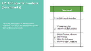 # 2: Add specific numbers
(benchmarks)
Try to add benchmarks to every business
objective. That way, it will be easier for you to
track and measure results.
 