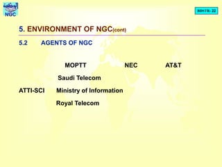 BDSTR- 22
NGC
5. ENVIRONMENT OF NGC(cont)
5.2 AGENTS OF NGC
MOPTT NEC AT&T
Saudi Telecom
ATTI-SCI Ministry of Information
Royal Telecom
 