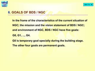 BDSTR- 30
NGC
6. GOALS OF BDS / NGC
In the frame of the characteristics of the current situation of
NGC; the mission and the vision statement of BDS / NGC;
and environment of NGC, BDS / NGC have five goals:
G0, G1, ..., G4.
G0 is temporary goal specially during the building stage.
The other four goals are permanent goals.
 