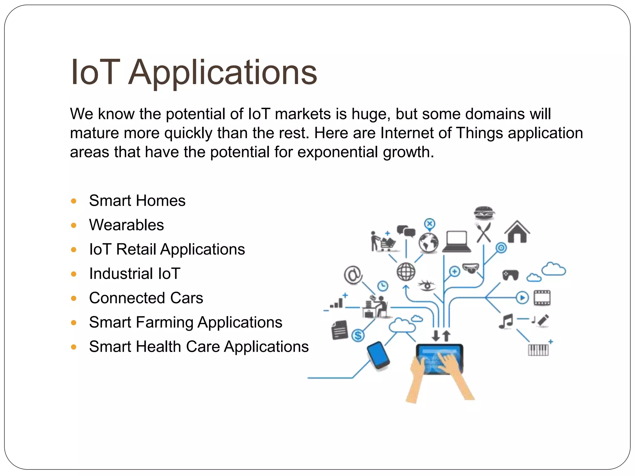 IoT Applications
We know the potential of IoT markets is huge, but some domains will
mature more quickly than the rest. Here are Internet of Things application
areas that have the potential for exponential growth.
 Smart Homes
 Wearables
 IoT Retail Applications
 Industrial IoT
 Connected Cars
 Smart Farming Applications
 Smart Health Care Applications
 